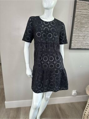 STAUD Hyacinth Embroidered Eyelet Babydoll Mini Dress Black Short Sleeve SIZE L